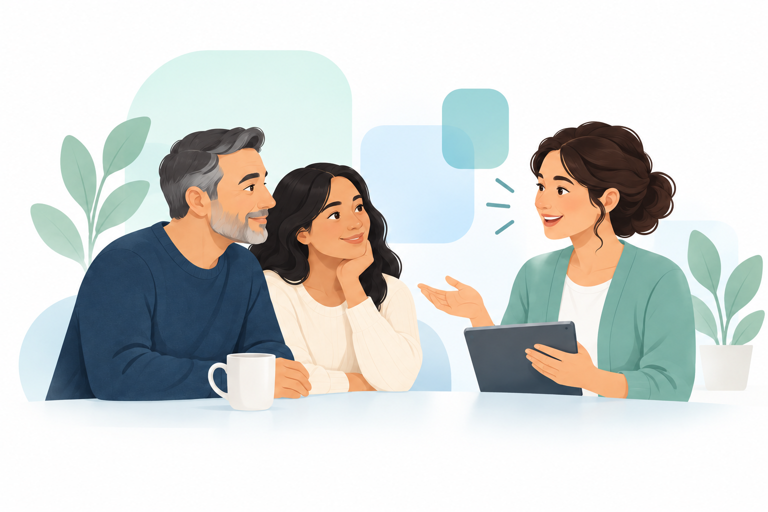 Ilustración de una pareja conversando con una coordinadora